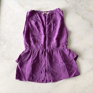 Rebecca Taylor 100% silk purple top blouse shirt drawstring waist peplum ruffle
